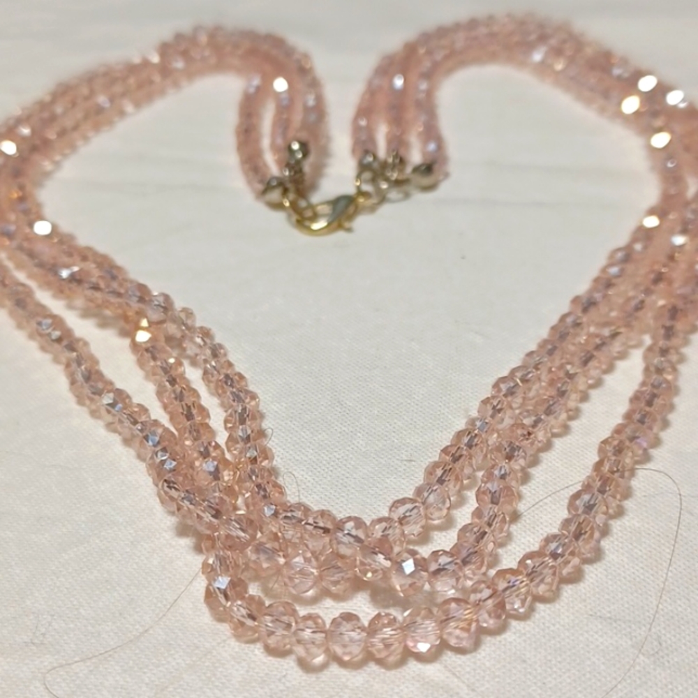 Pink strands necklace handmade beaded gleam shine glittery formal silver gems